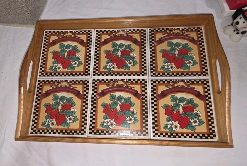 Vintage Handmade Strawberry Coaster Tray 6 Matching Strawberry Coasters Wood...